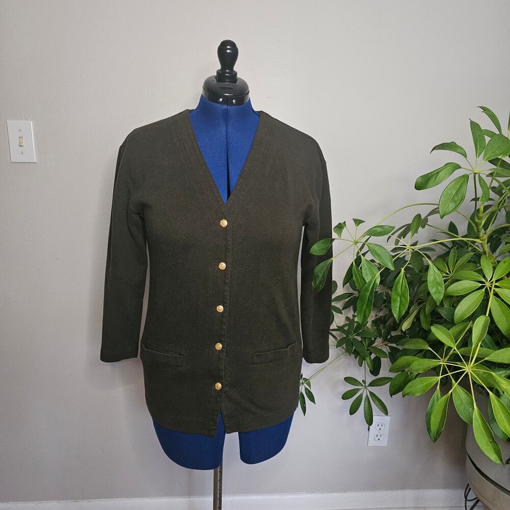 Talbots Petites Olive Green cotton Cardigan with Gold Buttons and Pockets PM/L